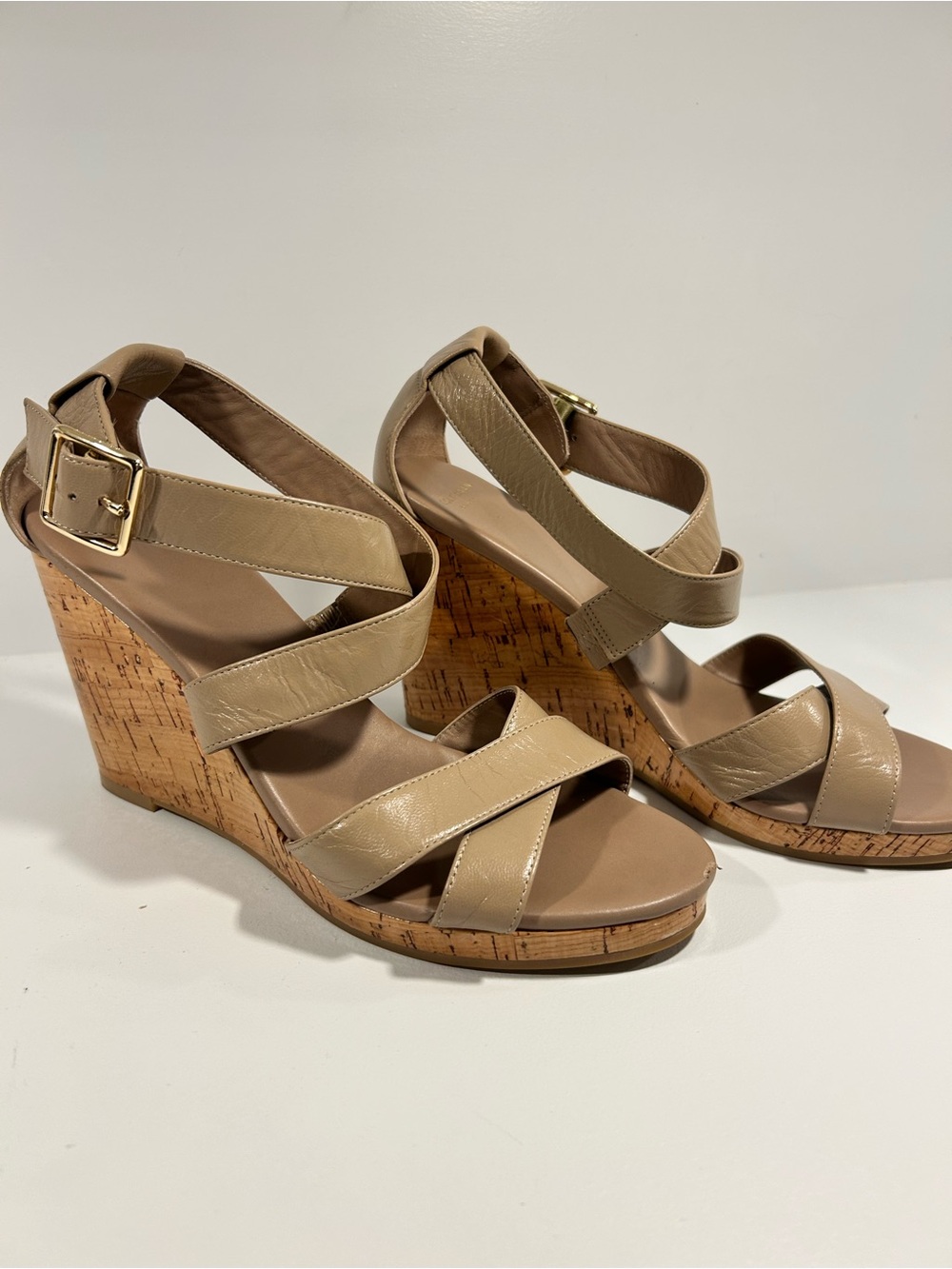 Cole Haan Grand.OS Cork Wedge Sandals Taupe Leather Platform Heels Womens 8.5